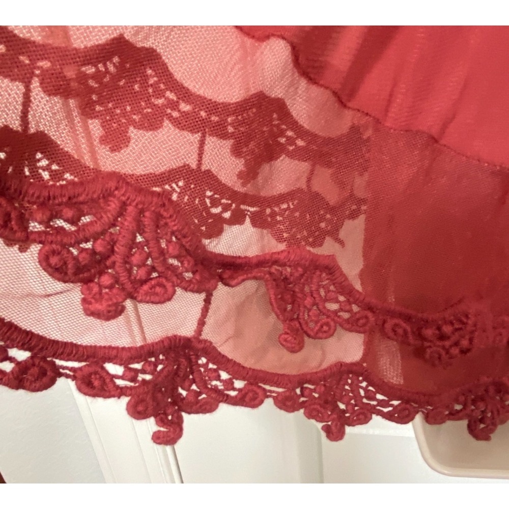 Ultra Pink Blouse L Rust Red Fairy Lace Sheer Back Romantic Festival Embroidery - Picture 8 of 14